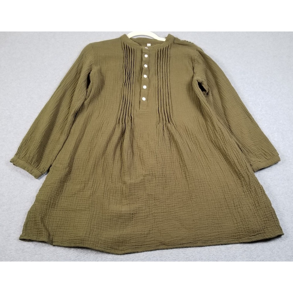 Gauze Tunic Dress Womens Medium M Olive Green Pintuck Pleated Boho Flowy Fall